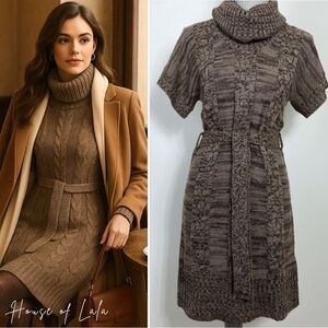 Brown Cable Knit Sweater Dress – Cowl Neck, Short Sleeve, Belted. Size Medium.